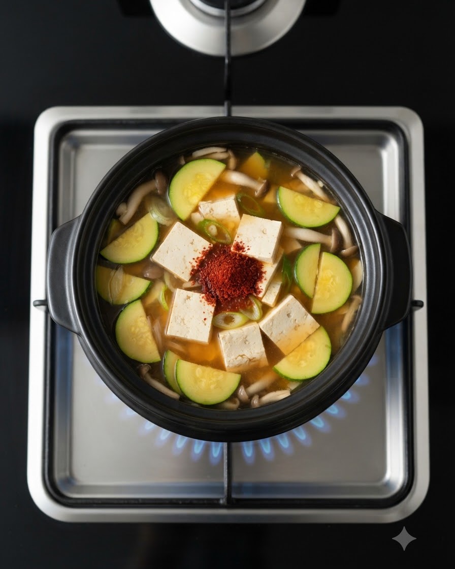 Chile rojo en polvo amontonado sobre el tofu y las verduras dentro de una olla negra hirviendo.