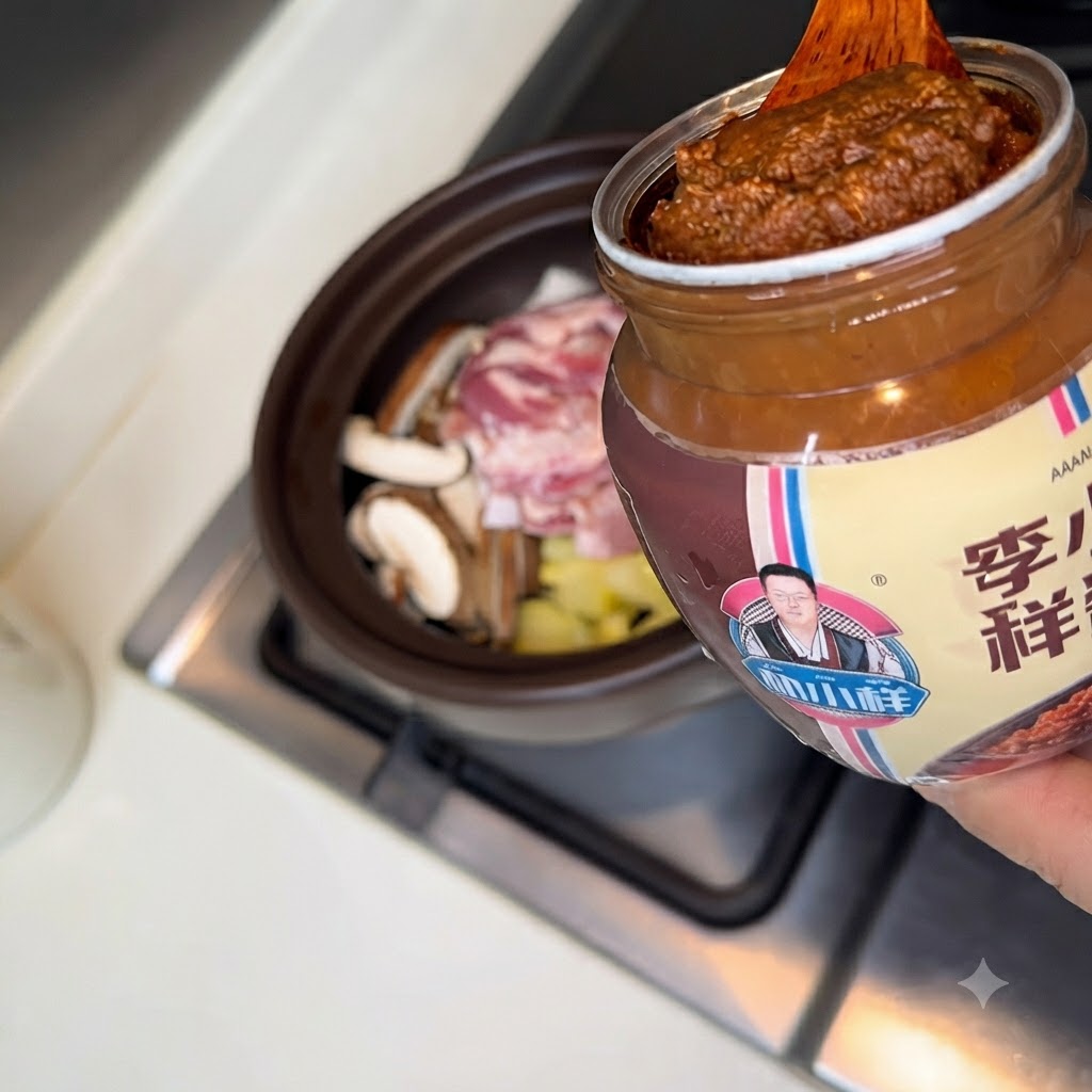 Una cuchara de madera sosteniendo pasta de soja sobre una olla llena de carne en rodajas y verduras.