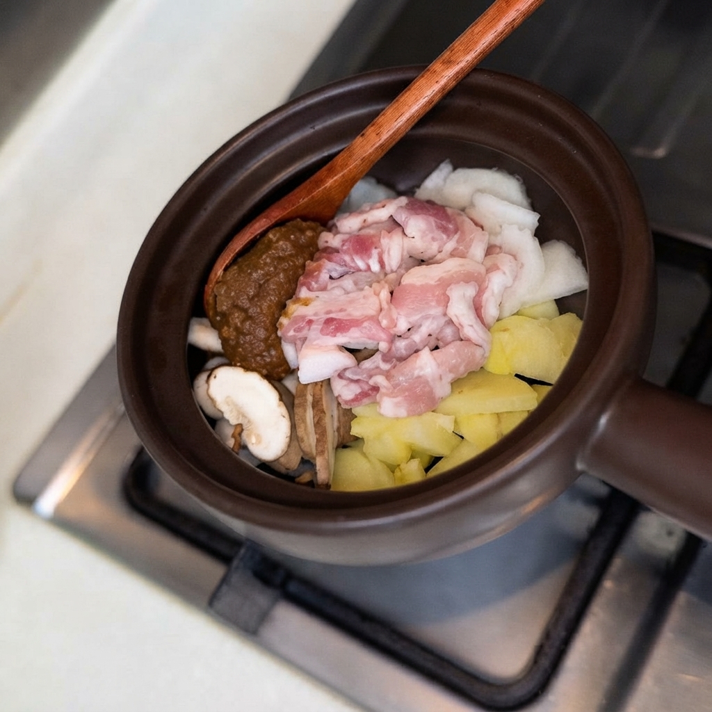 Agua de lavado de arroz siendo vertida desde un bol hacia la olla con los ingredientes y la pasta.
