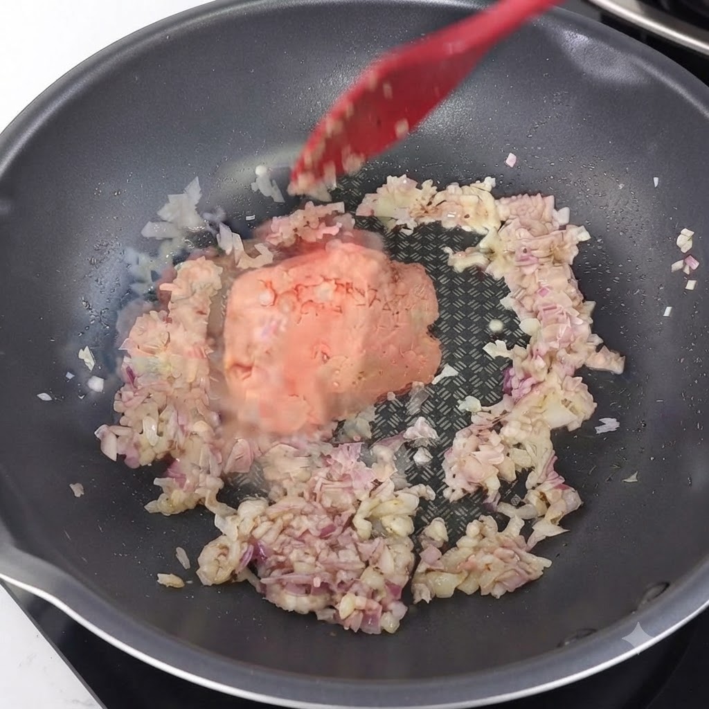 Una espátula de silicona roja mezclando un bloque de carne picada con cebollas sofritas en un wok caliente.