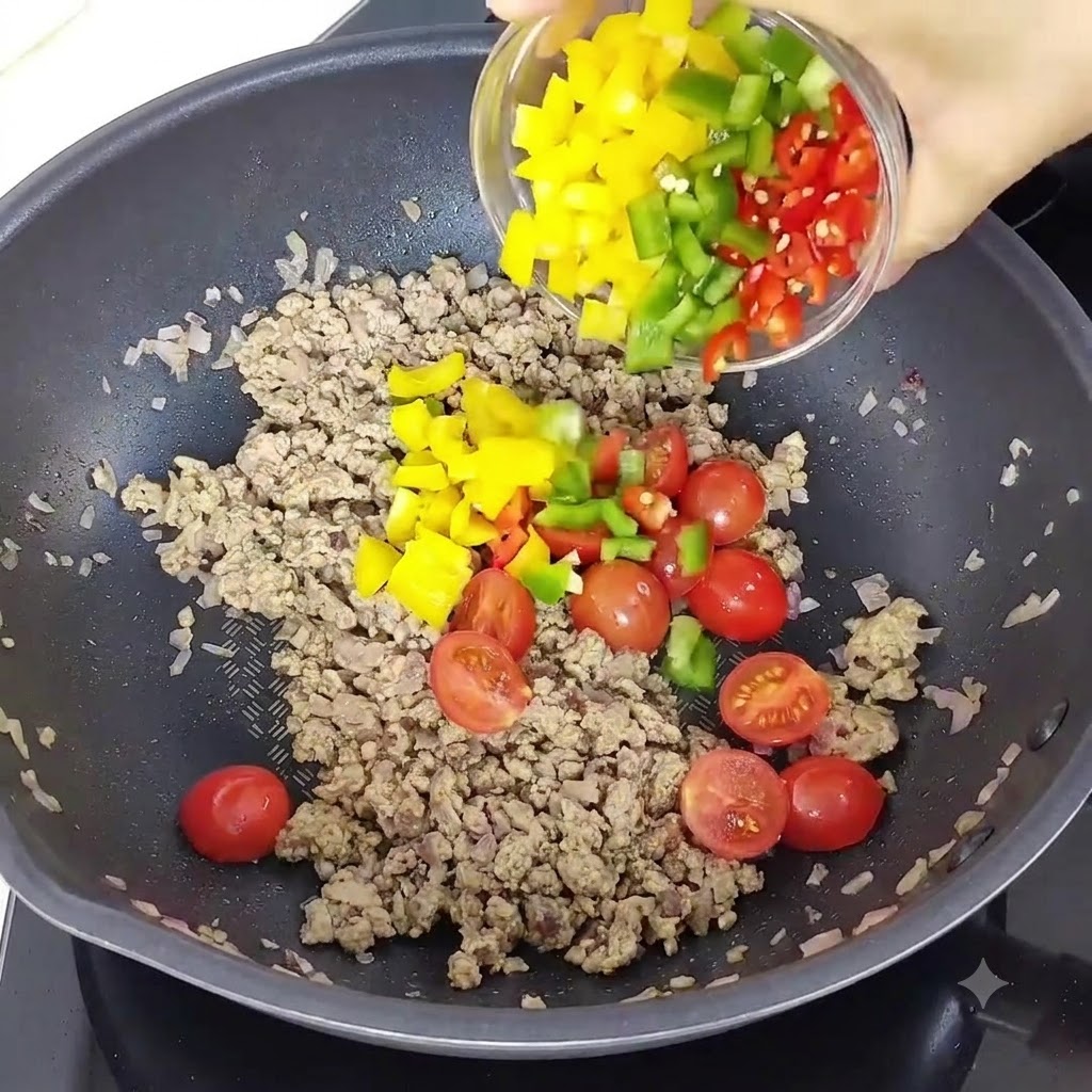 Agregando pimientos amarillos y verdes picados, pimientos rojos troceados y tomates cherry partidos a la carne picada cocinada en un wok.