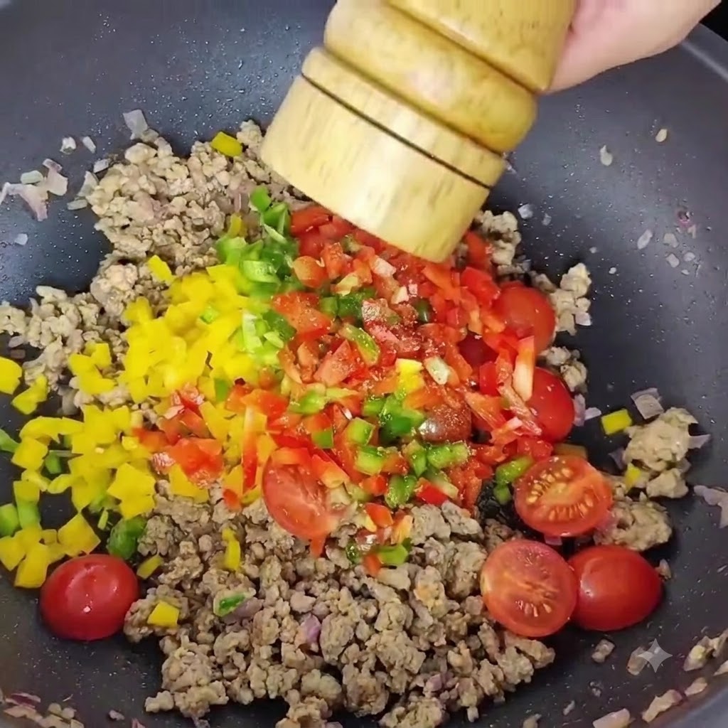 Un molinillo de pimienta de madera dispensando pimienta negra recién molida sobre la carne y las verduras en el wok.