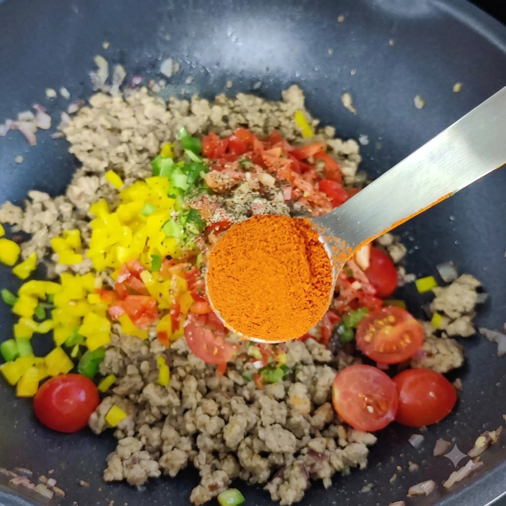 Una cuchara medidora de metálica sosteniendo pimentón rojo brillante en polvo sobre la mezcla de carne y verduras en un wok.