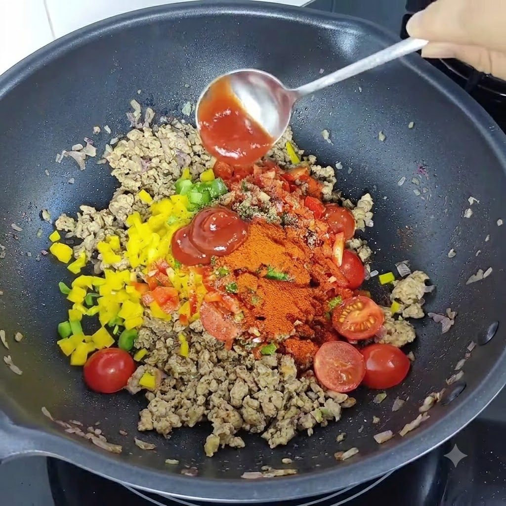 Kétchup y especias siendo vertidos y mezclados en el salteado de carne y verduras en un wok.