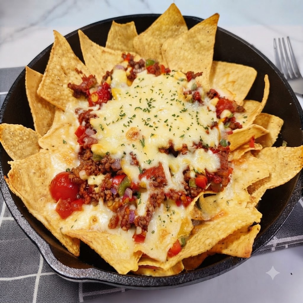 Queso mozzarella esparcido a través de los totopos de tortilla dentro de una sartén de hierro fundido.