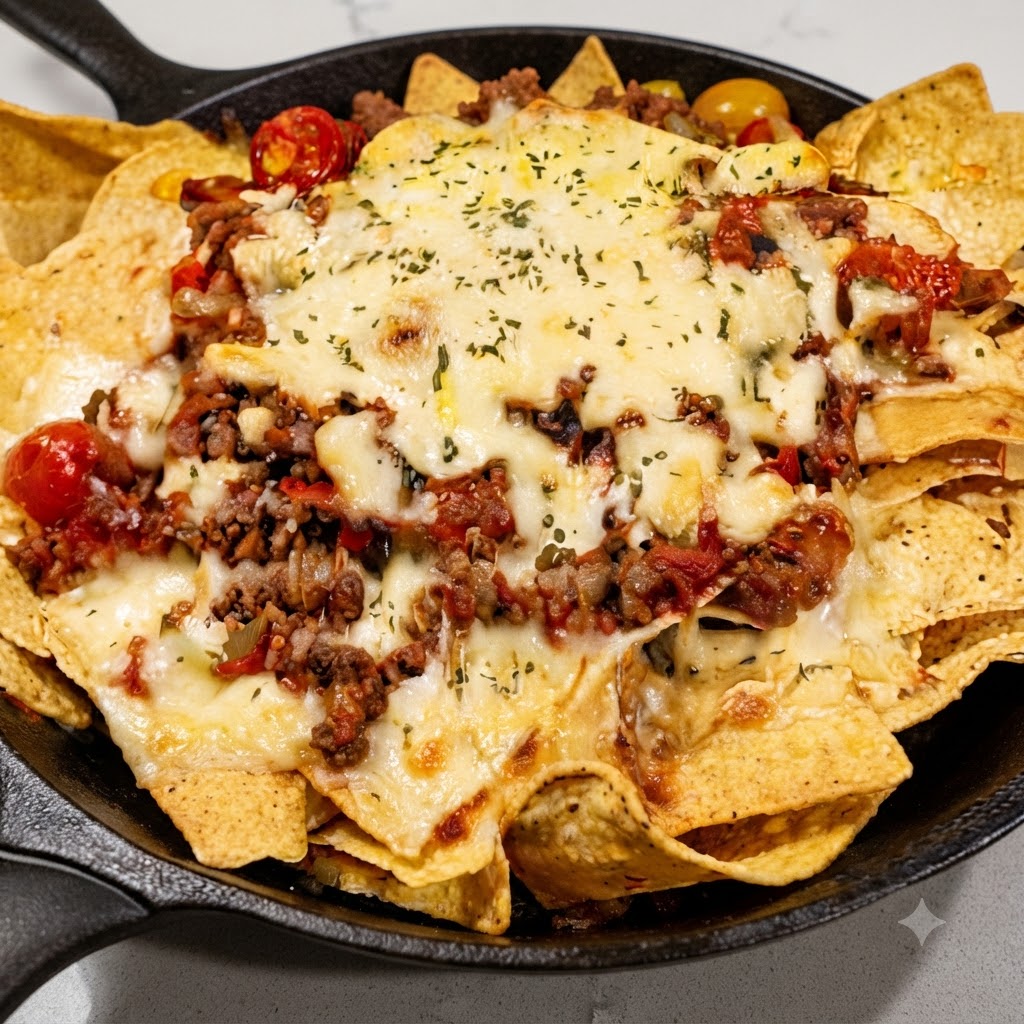 Salsa de carne boloñesa recién hecha servida generosamente sobre el queso y los totopos de tortilla.