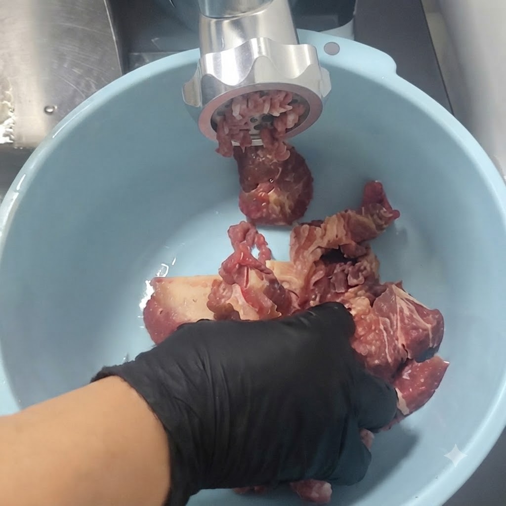 Carne picada saliendo del accesorio de una picadora hacia un tazón azul claro.