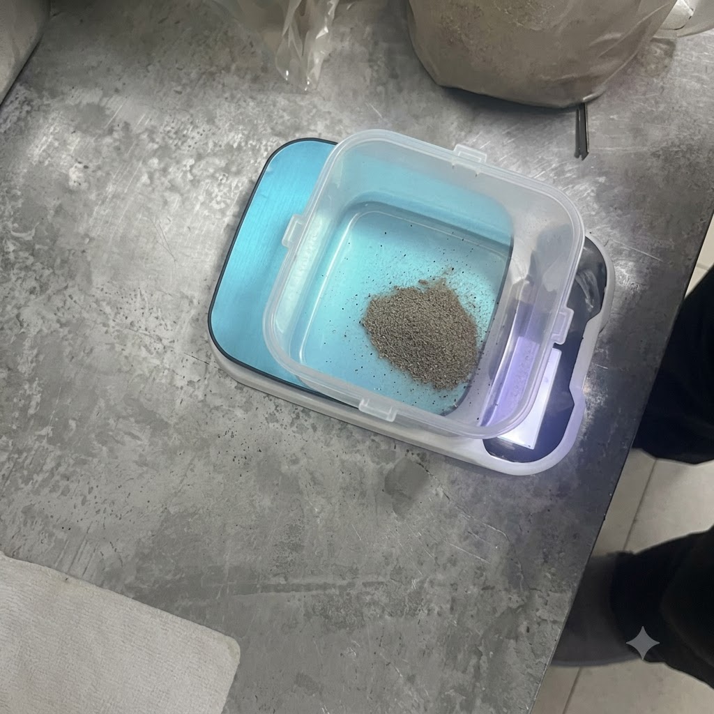 Pimienta negra en polvo dentro de un recipiente de plástico en una báscula de cocina digital.