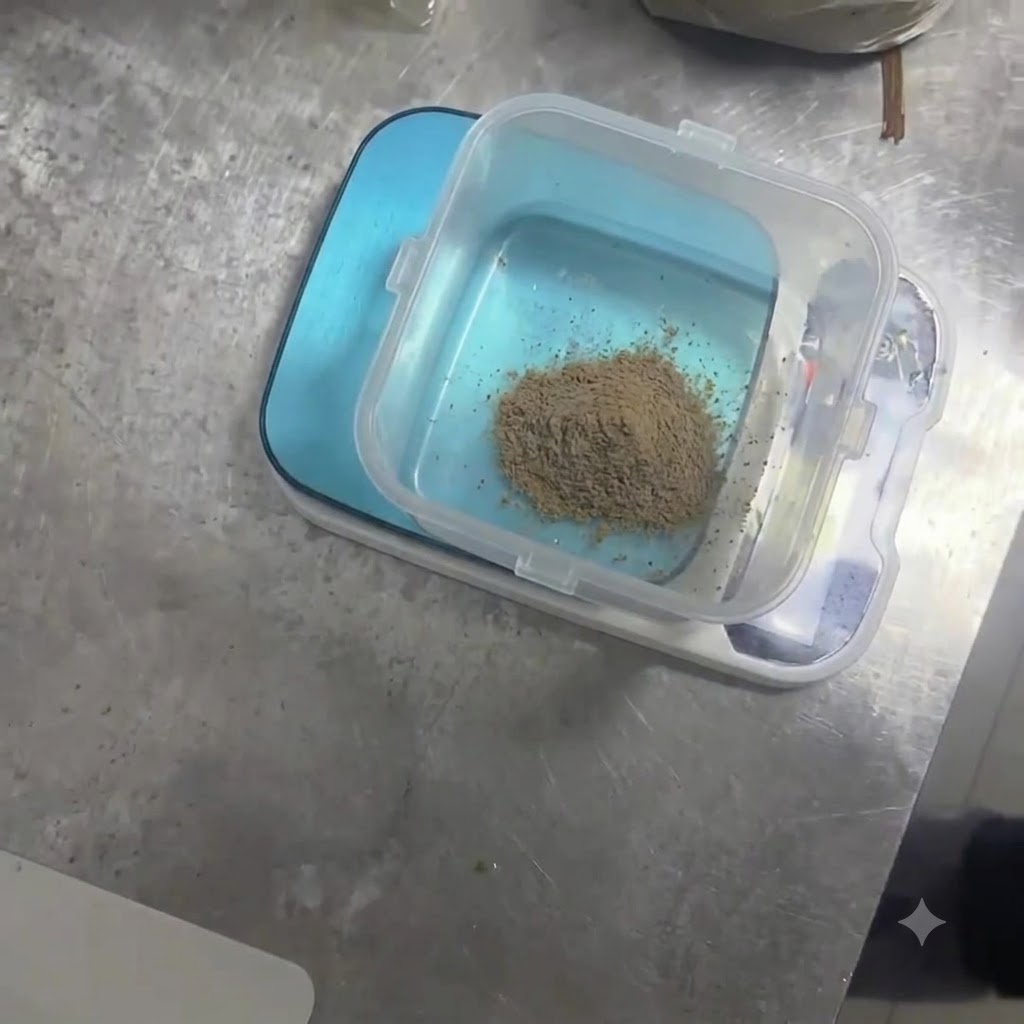 Jengibre en polvo colocado sobre la pimienta negra en un recipiente de medición.