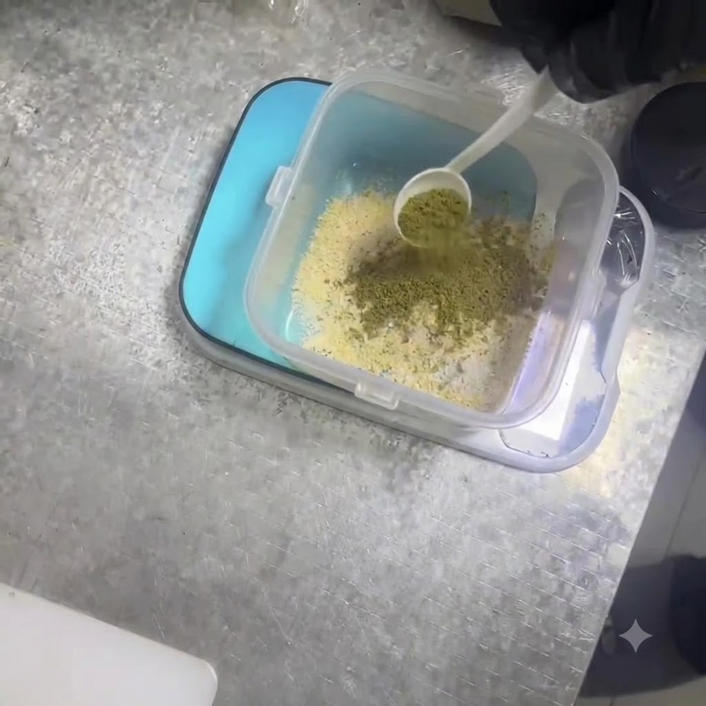 Comino en polvo siendo medido y añadido a un recipiente que contiene la mezcla de especias.