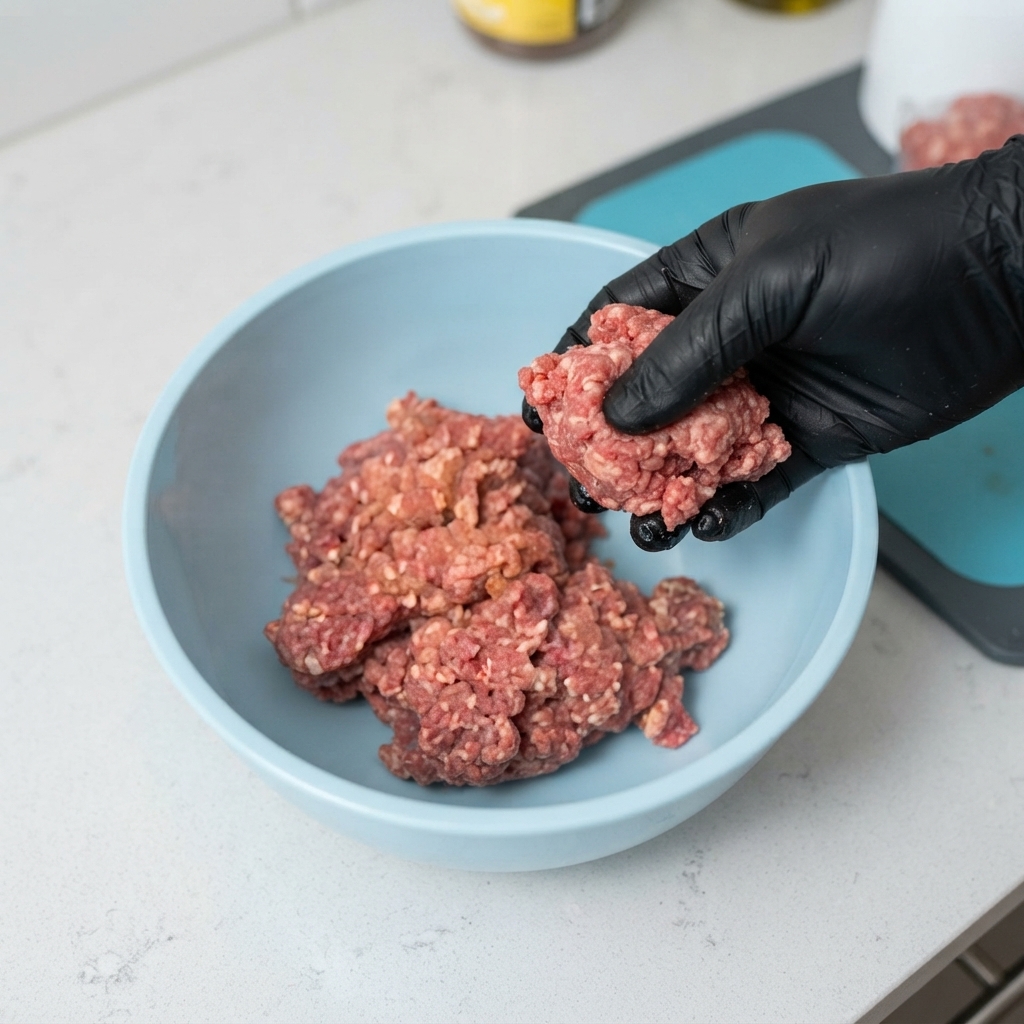 Mano con guante amasando carne picada en un tazón azul después de haber rociado el condimento sobre ella.