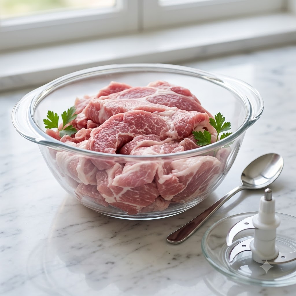 Trozos frescos de carne de cuello de cerdo en un tazón de vidrio junto a la cuchilla de una picadora de alimentos.