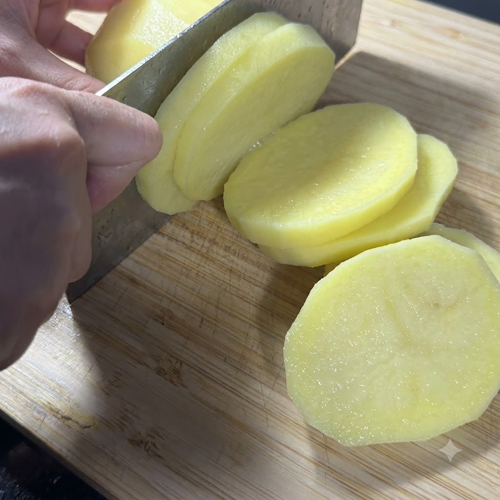 Patatas siendo cortadas en tiras gruesas y uniformes con un cuchillo sobre una tabla de madera.