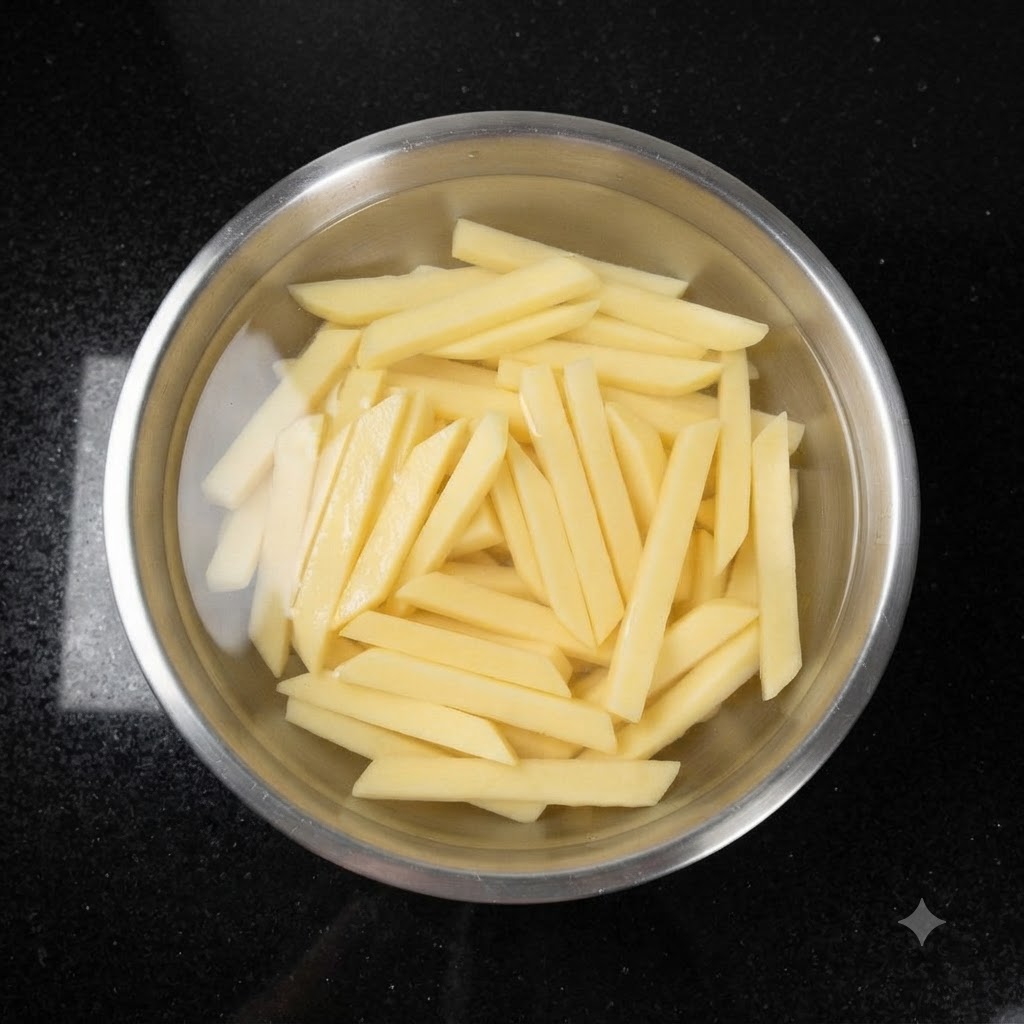Tiras de patata cortadas en remojo y siendo lavadas en un bol de acero lleno de agua.