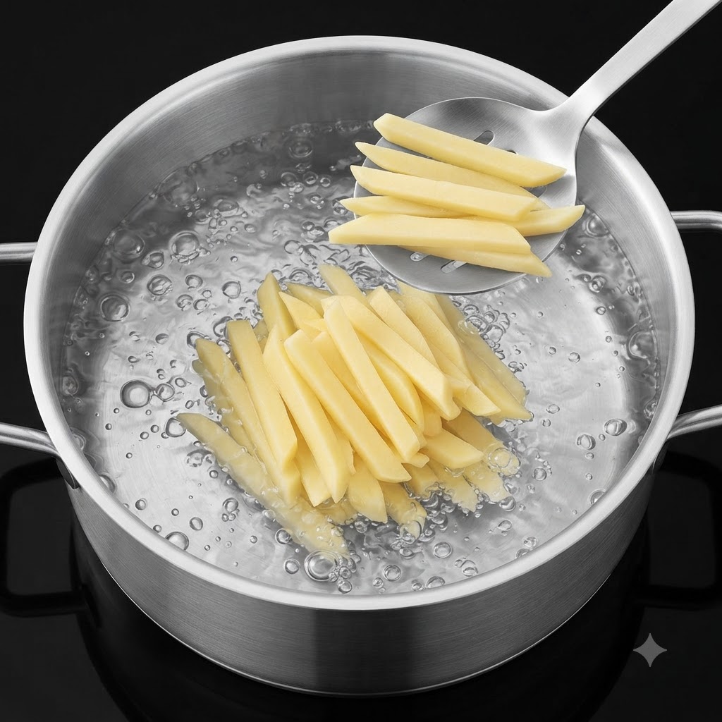 Tiras de patata cociéndose dentro de una olla metálica con agua en una cocina.