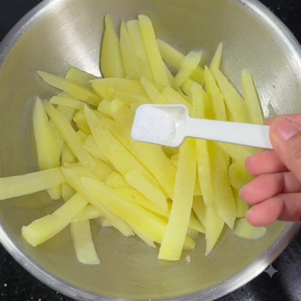Tiras de patata cocidas siendo sazonadas con una cucharada de sal en un bol de acero inoxidable.