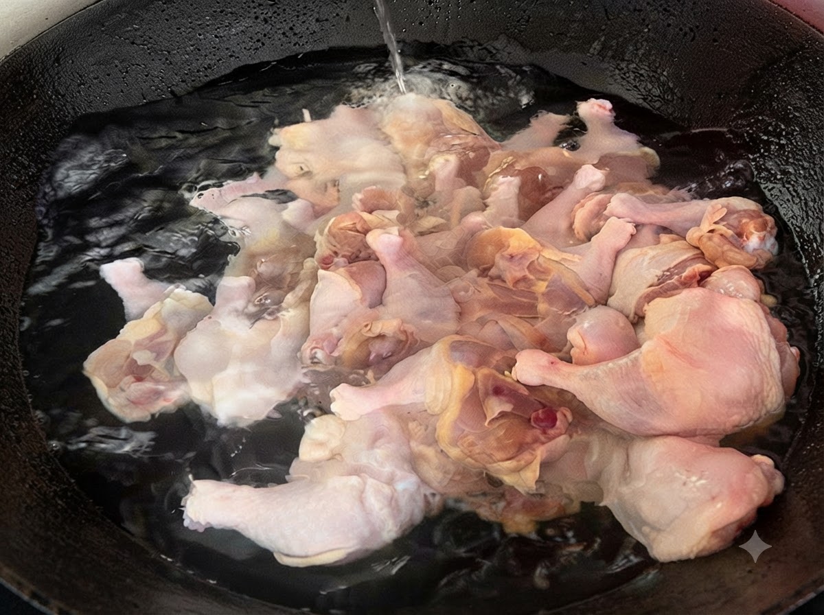 Muslos de pollo frescos sumergidos en agua fría dentro de un wok negro grande.