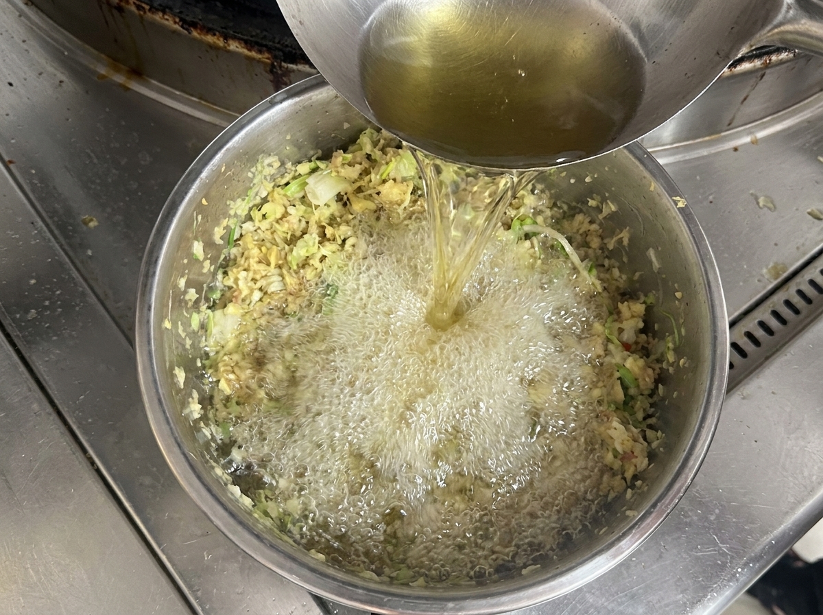Aceite muy caliente vertiéndose en un bol de aromáticos picados, creando burbujas.
