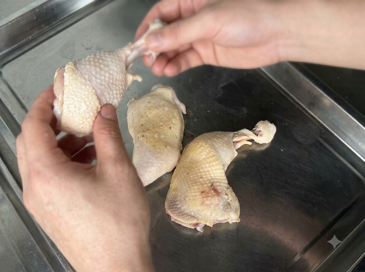 Muslos de pollo cocidos siendo levantados y colocados en una bandeja plana de metal.