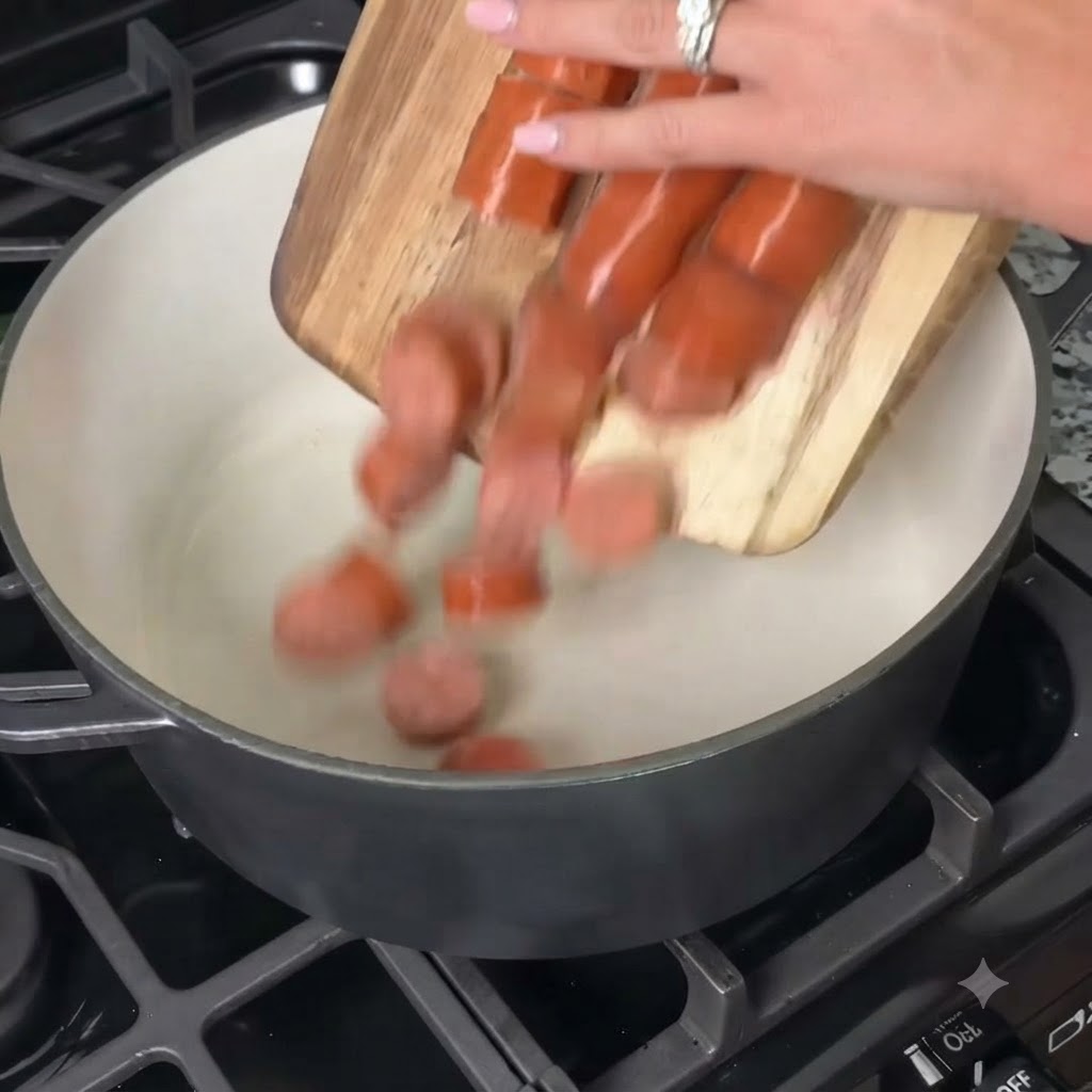 Salchicha en rodajas siendo vertida desde una tabla de cortar hacia una olla grande de cocina en la estufa.
