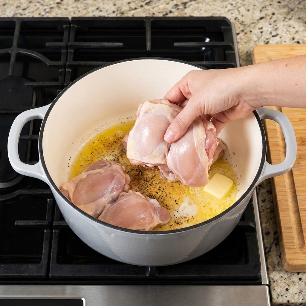 Muslos de pollo con hueso siendo colocados en una olla con mantequilla derretida y condimentos.