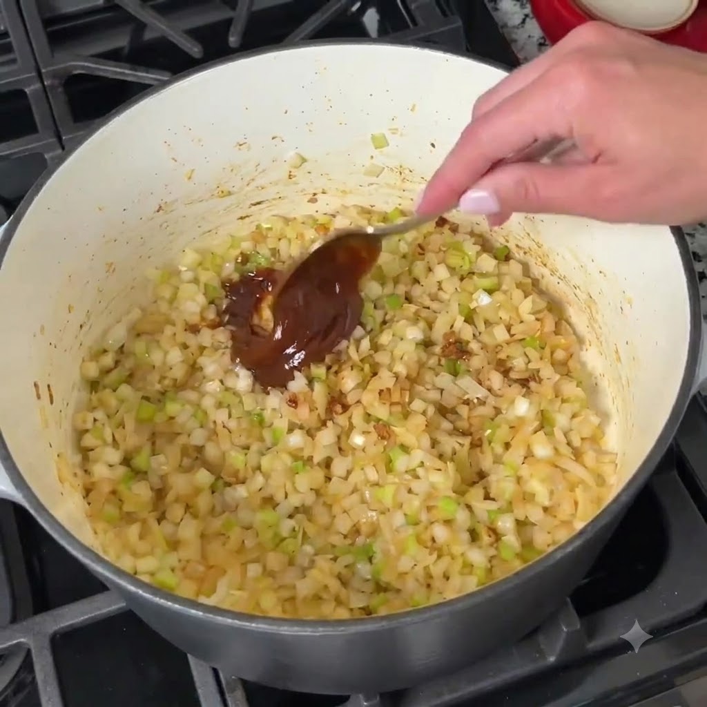 Una cucharada de roux oscuro siendo mezclada en una olla llena de verduras picadas salteadas.