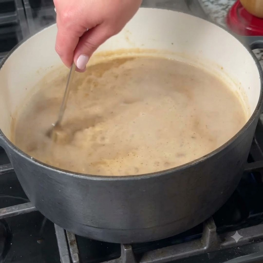 Trozo de salchicha y pollo cocidos siendo agregados de nuevo a la olla burbujeante de caldo de gumbo.