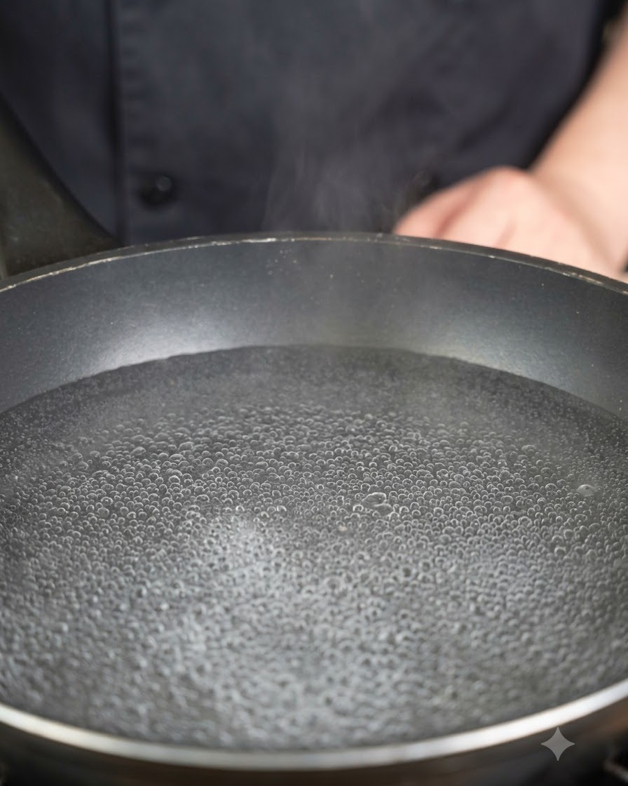 Una sartén con agua hirviendo fuertemente sobre una estufa durante la etapa de preparación de los fideos.