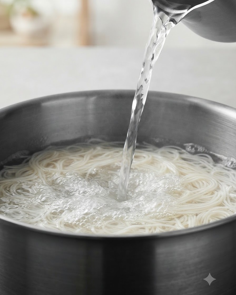 Agua fría vertiéndose desde una jarra metálica en una olla llena de fideos blancos hirviendo a fuego lento.