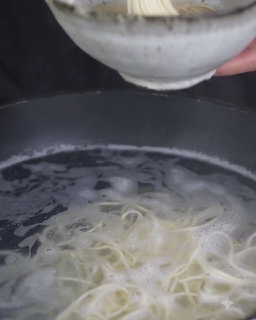 Un tazón sostenido sobre una olla de agua hirviendo mientras los fideos cocidos se recogen dentro.
