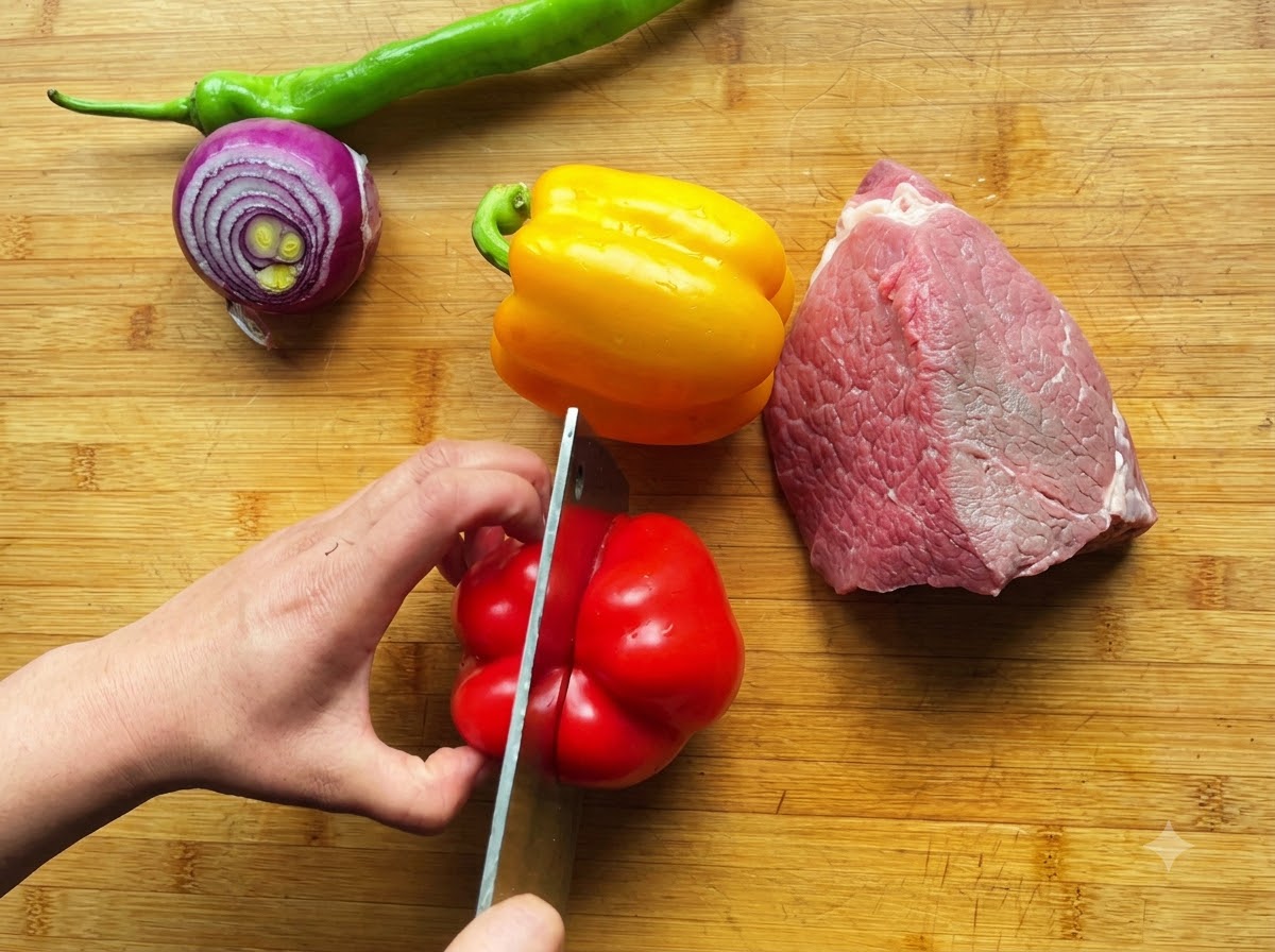 Una mano usando un cuchillo de carnicero para cortar un pimiento rojo en una tabla de madera junto a otras verduras coloridas.