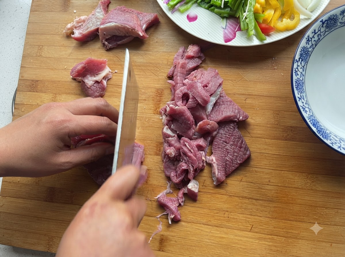 Ternera fresca siendo cortada en trozos más pequeños sobre una tabla de cortar de madera con un plato de verduras cortadas al fondo.