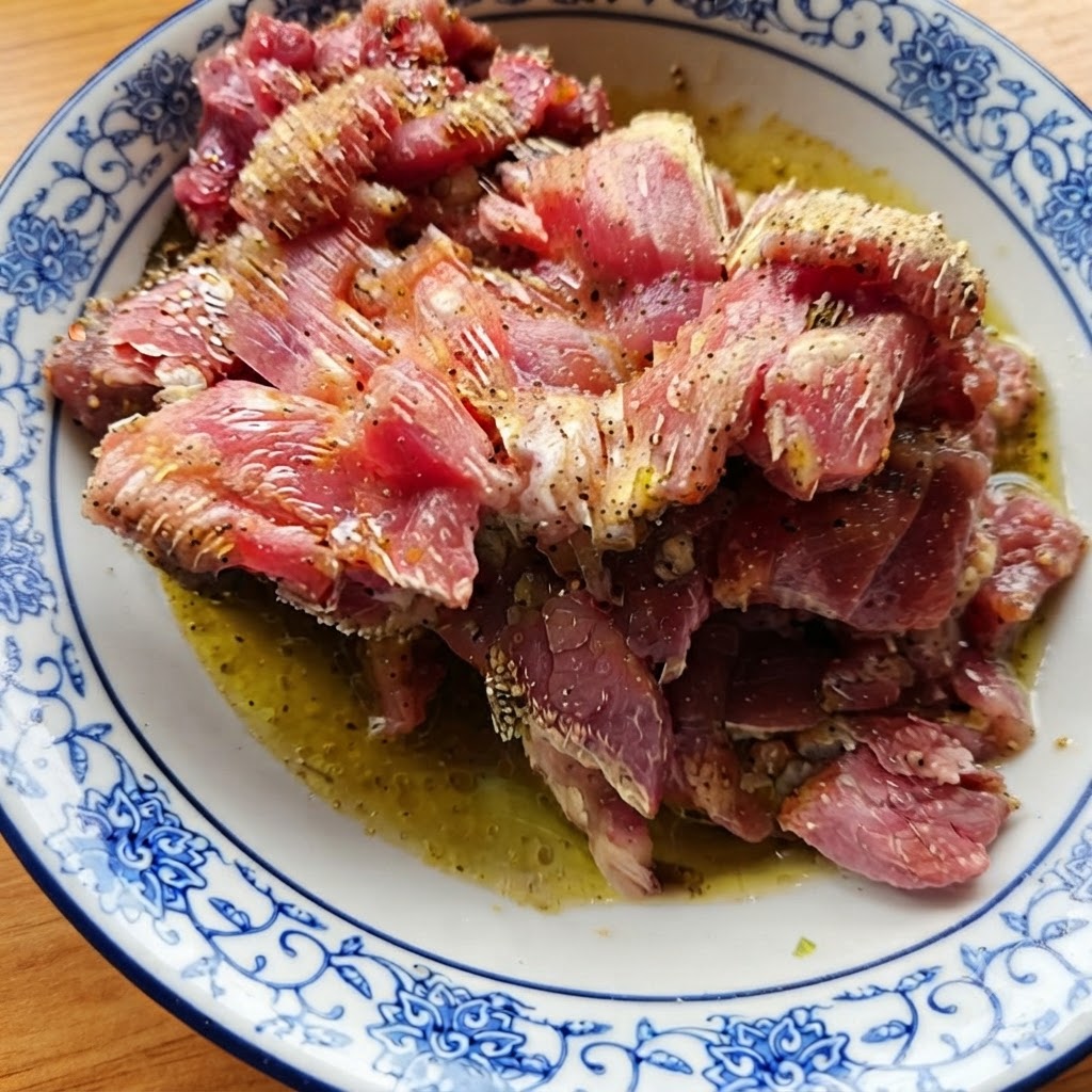 Trozos de ternera cruda sazonada relucientes con aceite y especias en un tazón de cerámica con patrones.