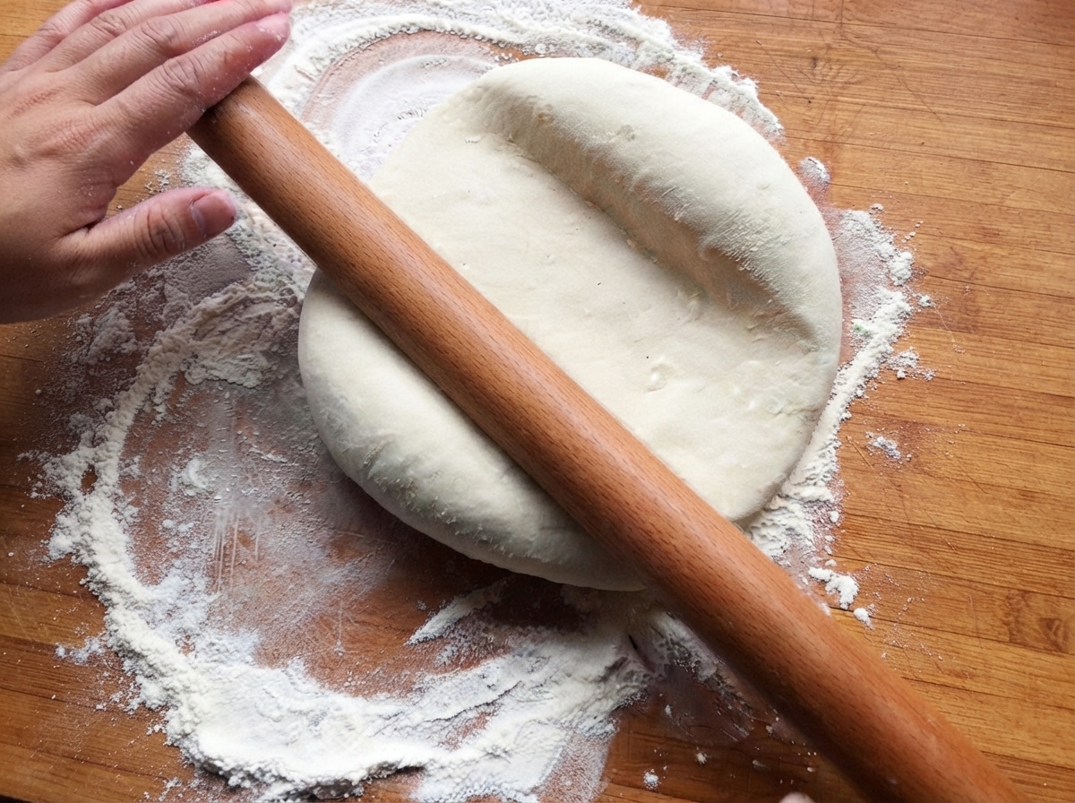 Una mano estirando una bola de masa sobre una tabla de madera enharinada con un rodillo.