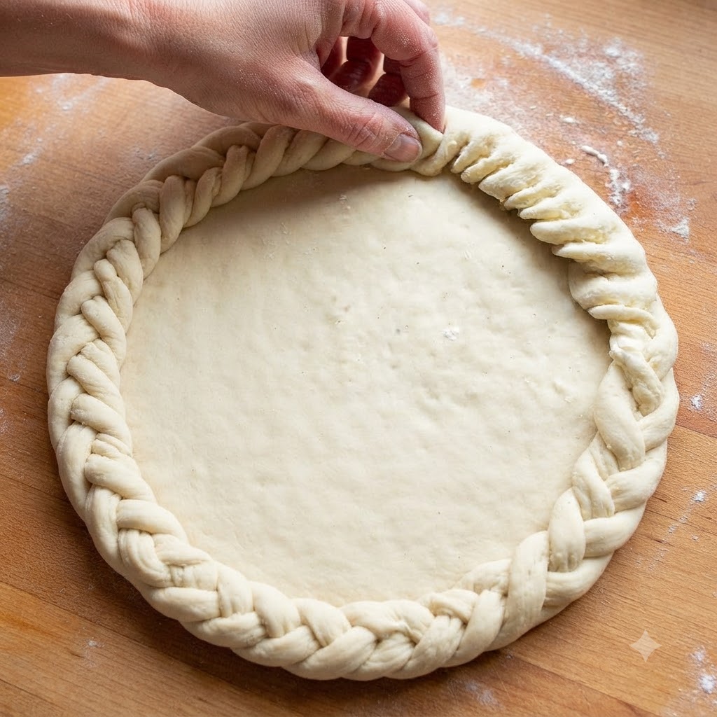 Los bordes de la masa estirada siendo doblados y retorcidos decorativamente para crear un borde con patrón.