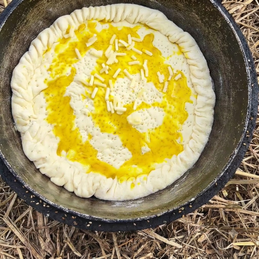Queso rallado esparcido uniformemente sobre una base de masa aceitada en una sartén oscura.