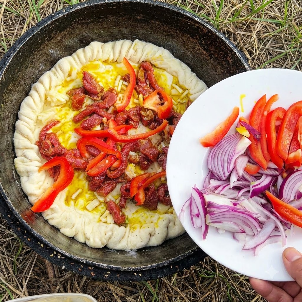 Cebollas moradas, pimientos y chiles verdes siendo esparcidos sobre la carne y el queso dentro de la corteza de pizza.