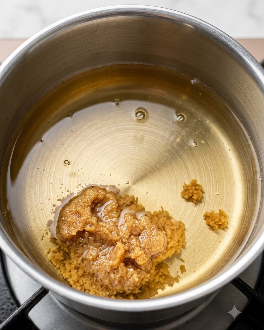 Pasta de miso recogida con una cuchara y colocada en el caldo transparente dentro de una olla de metal.