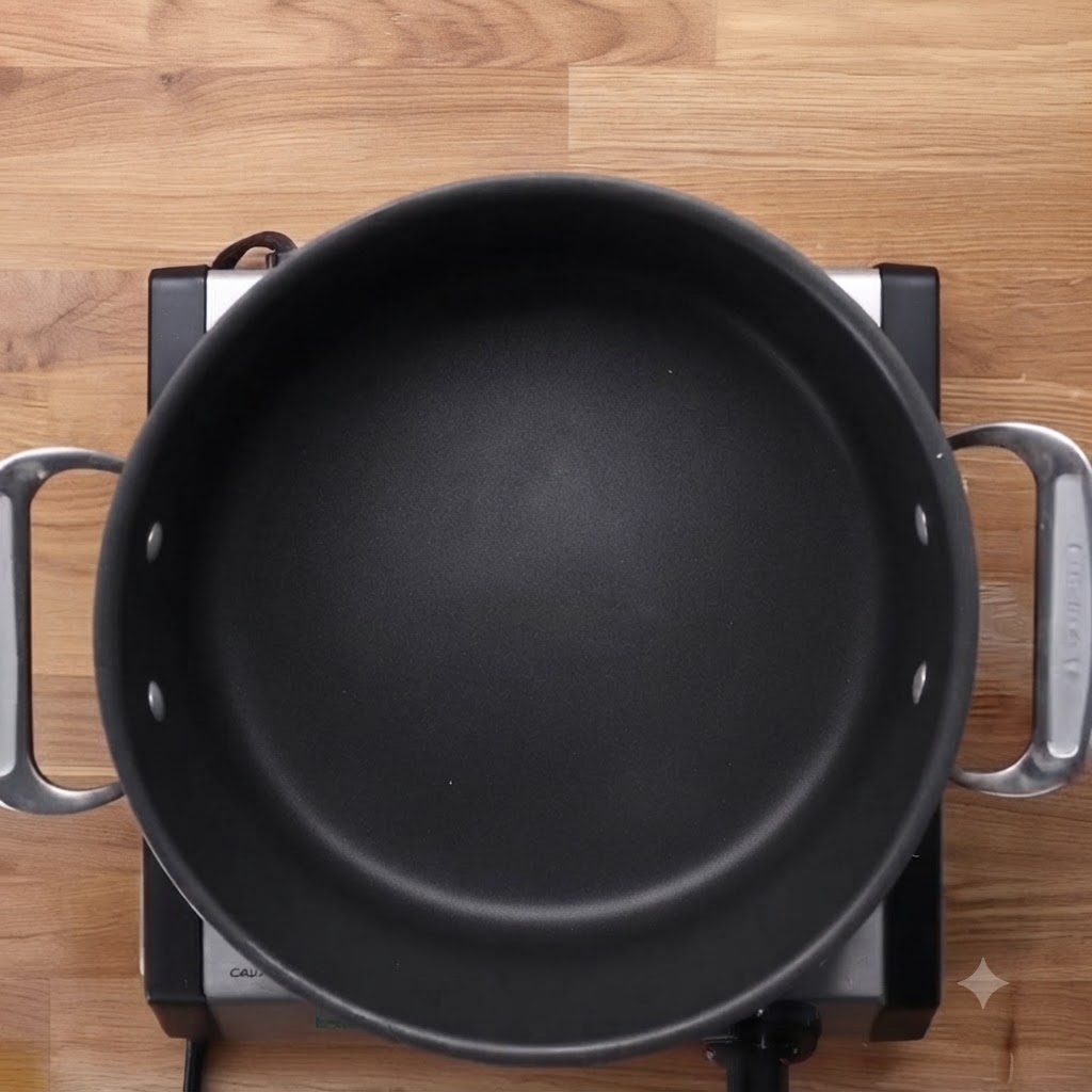 Una olla grande y oscura vacía sobre un hornillo eléctrico portátil.