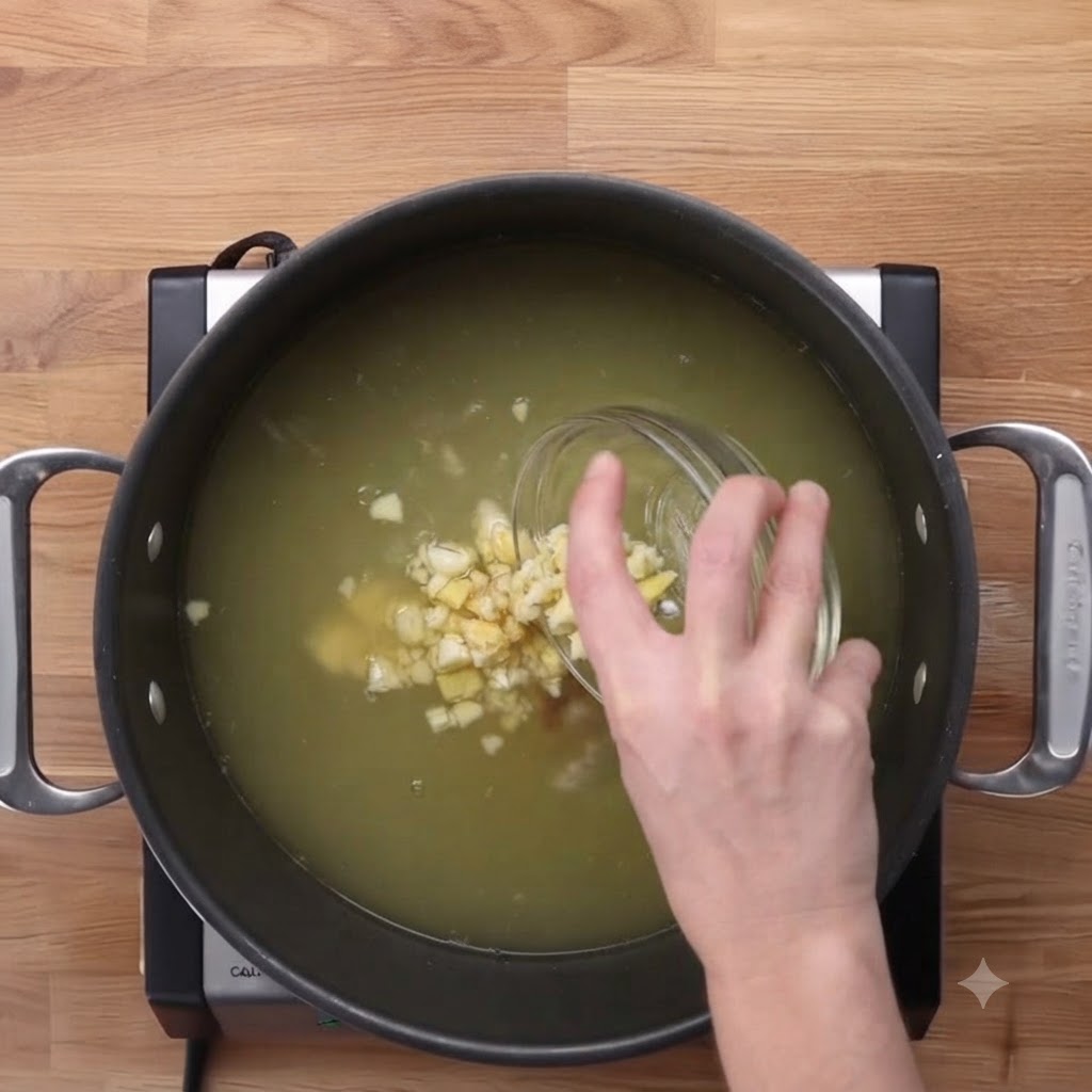 Cebolletas picadas cayendo desde un pequeño cuenco de cristal a la olla con el caldo.