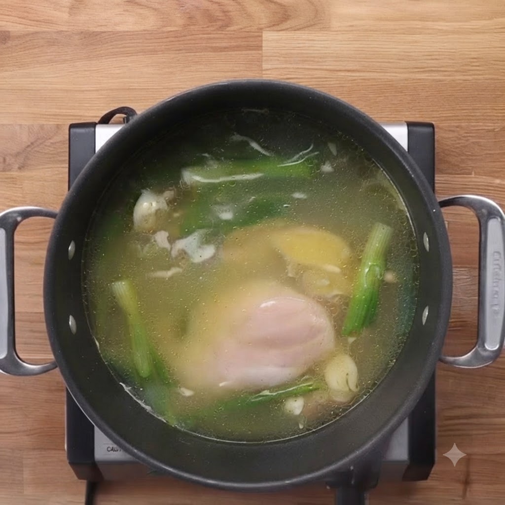 Pechugas de pollo introduciéndose en una olla de sopa hirviendo con cebollas verdes y aromáticos utilizando unas pinzas.