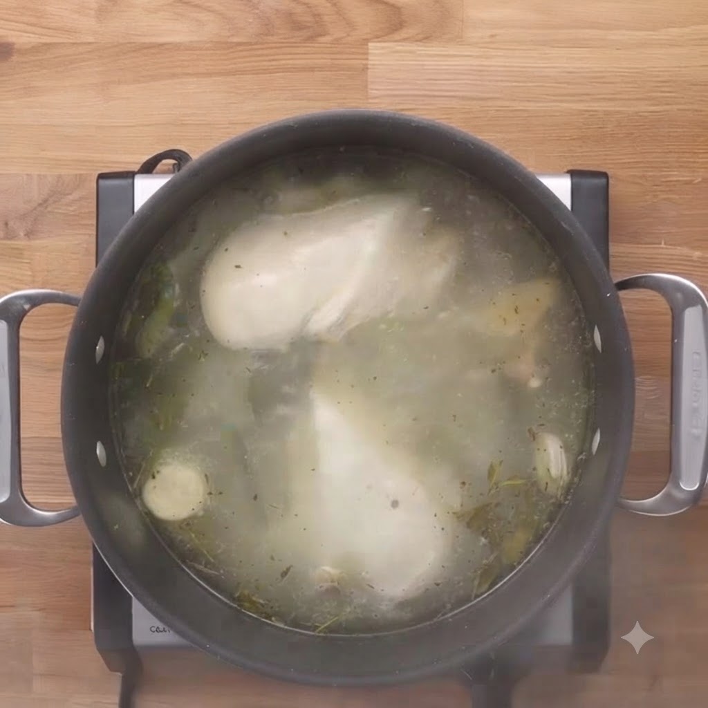 Pechugas de pollo cocidas reposando dentro de la olla de caldo a fuego lento antes de ser retiradas.