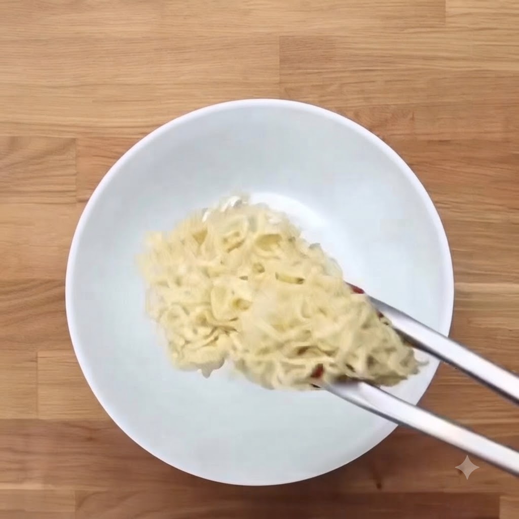 Pinzas colocando una porción de fideos ramen cocidos en el centro de un tazón de cerámica blanca.