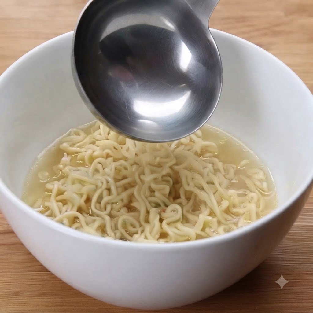 Un cucharón vertiendo caldo de pollo caliente directamente sobre un tazón blanco lleno de fideos ramen ondulados.