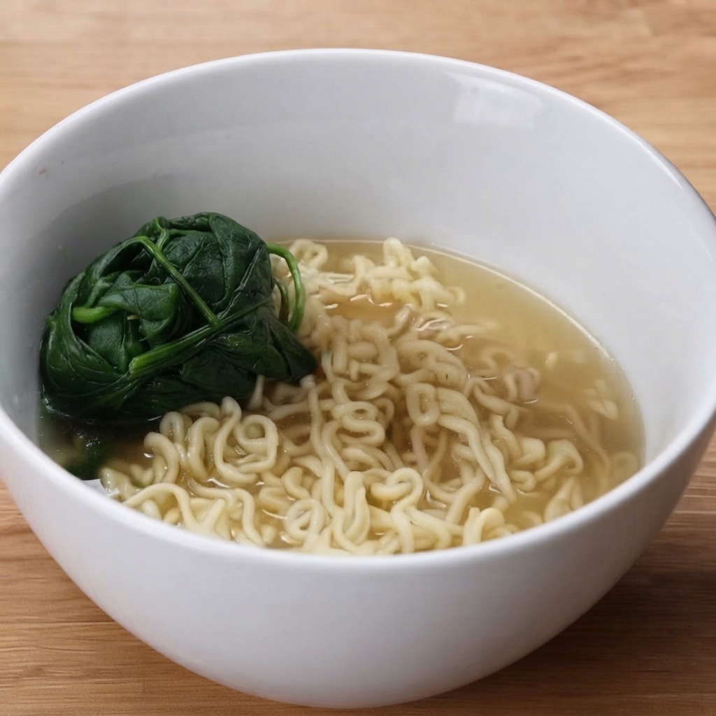 Espinacas escaldadas y granos de maíz amarillo colocándose dentro de un tazón de ramen.