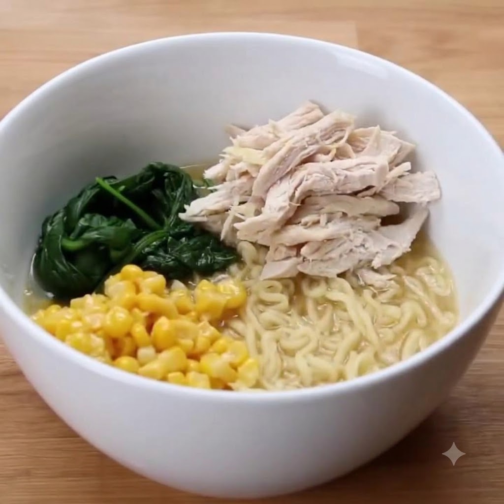 Un montón de pechuga de pollo deshebrada reposando sobre fideos ramen, maíz y espinacas en un tazón.