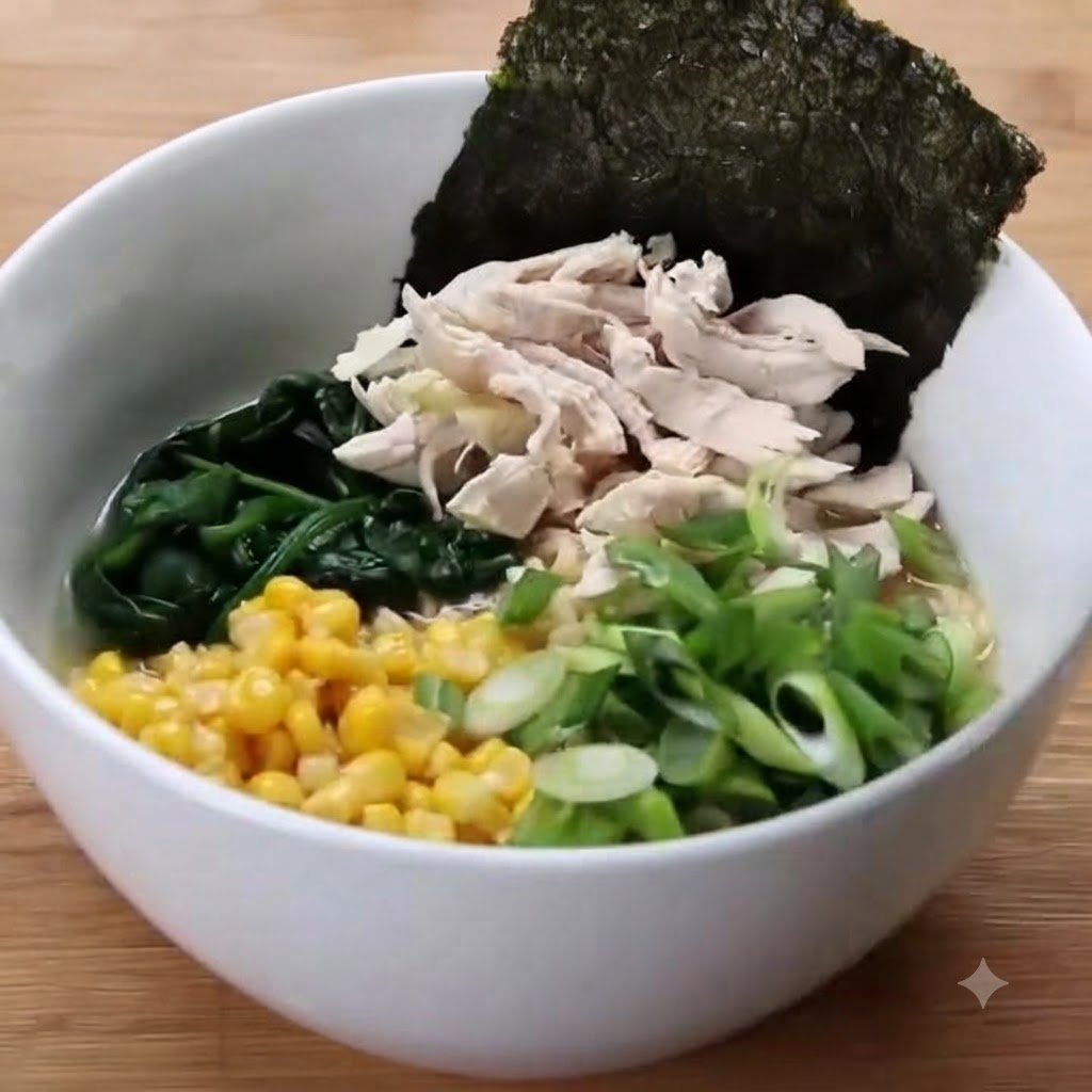 Un huevo pasado por agua cortado por la mitad colocándose con cuidado sobre el tazón de ramen junto al pollo, espinacas, maíz, cebolletas y nori.