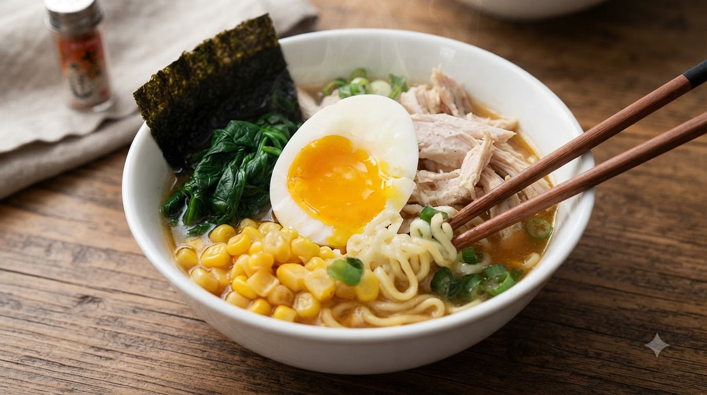 Un tazón humeante de ramen de pollo y miso decorado con un huevo pasado por agua, maíz dulce y espinacas frescas.