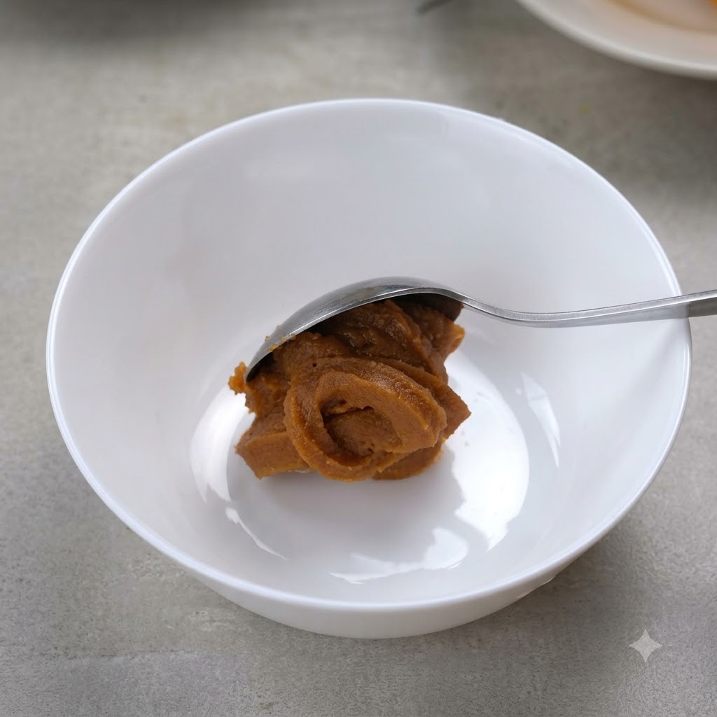 Una cucharada de pasta de miso dentro de un tazón de cerámica blanco.