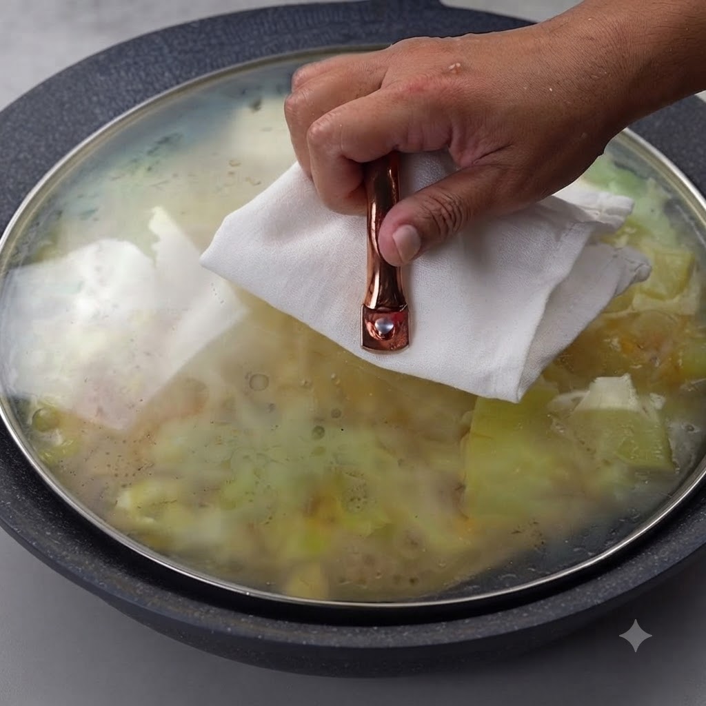 Una mano usando un paño blanco para colocar una tapa de vidrio sobre un wok lleno de comida.